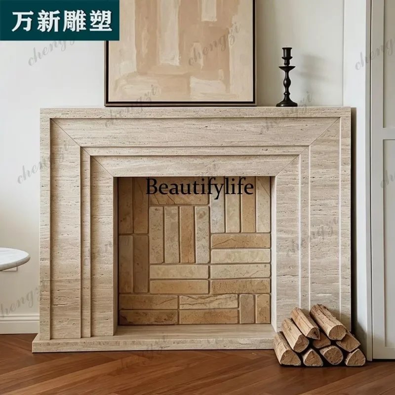 02A Marble fireplace American French retro travertine fireplace living room stone mantel