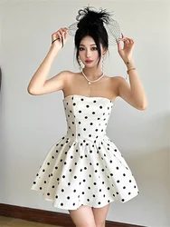 Nibber Dots Print Dress Women Chest Wrap Backless Bow Applique Ruffles Loose Hem 2025 Y2k Trend Streetwear Chic Mini Bodycon