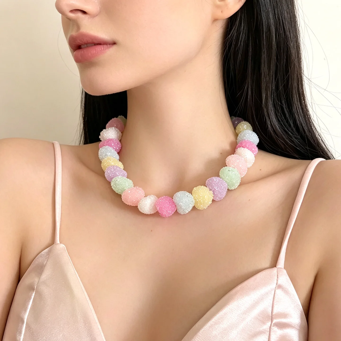Korean ins wind gradual change powder sugar beads love resin necklace temperament sweet sugar granules round beads short collarb