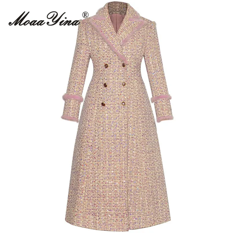 MoaaYina Fashion Women's Lapel Fur Patchwork Double Row Button Sequin Pocket Double Row Button Long Coat Jacket Trench Coat