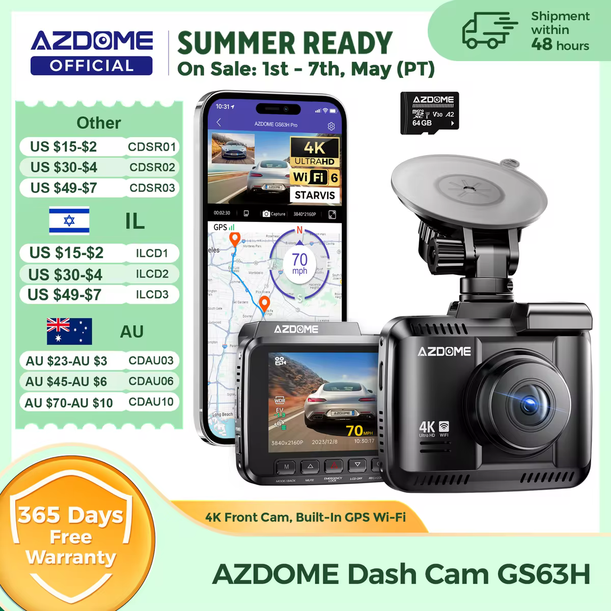 מצלמת רכב AZDOME Dash Cam GS63H 4K עם GPS מובנה, Wi-Fi, מסך Starvis 2.4 אינץ', ראיית לילה WDR, מצלמת רכב DVR וחניה
