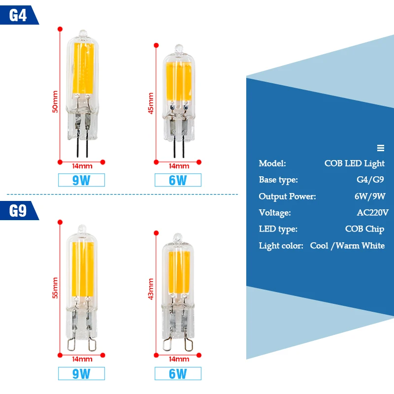 LED Cob Lampe 6W 9W Lampen G4 G9 Glas Cob AC 220V warm/kalt weiß Kerzenlichter ersetzen 30W 40W Halogen für Kronleuchter Scheinwerfer