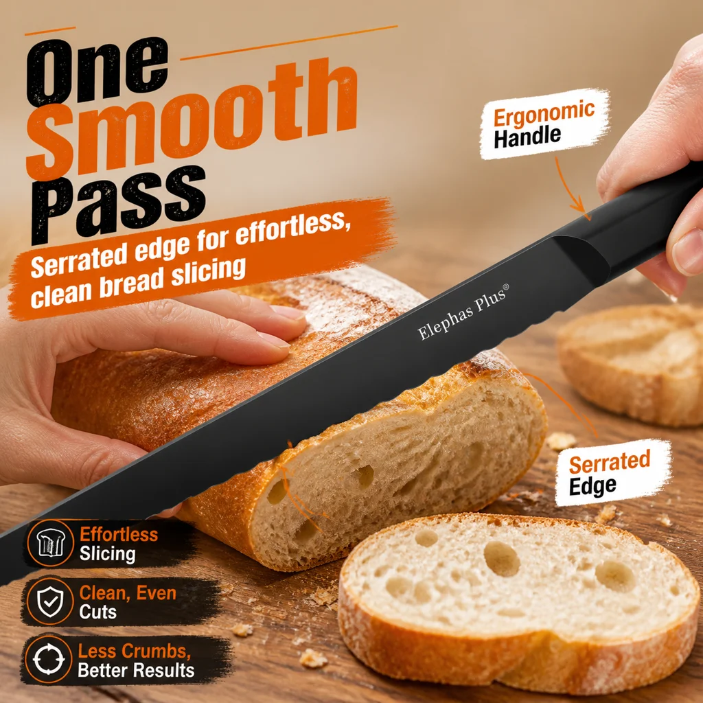 Crumb-Free Serrated Bread Knife, Effortlessly Slice Bread & Cake With No Residue, Stainless Steel Wavy Edge Toast Slicing Tool