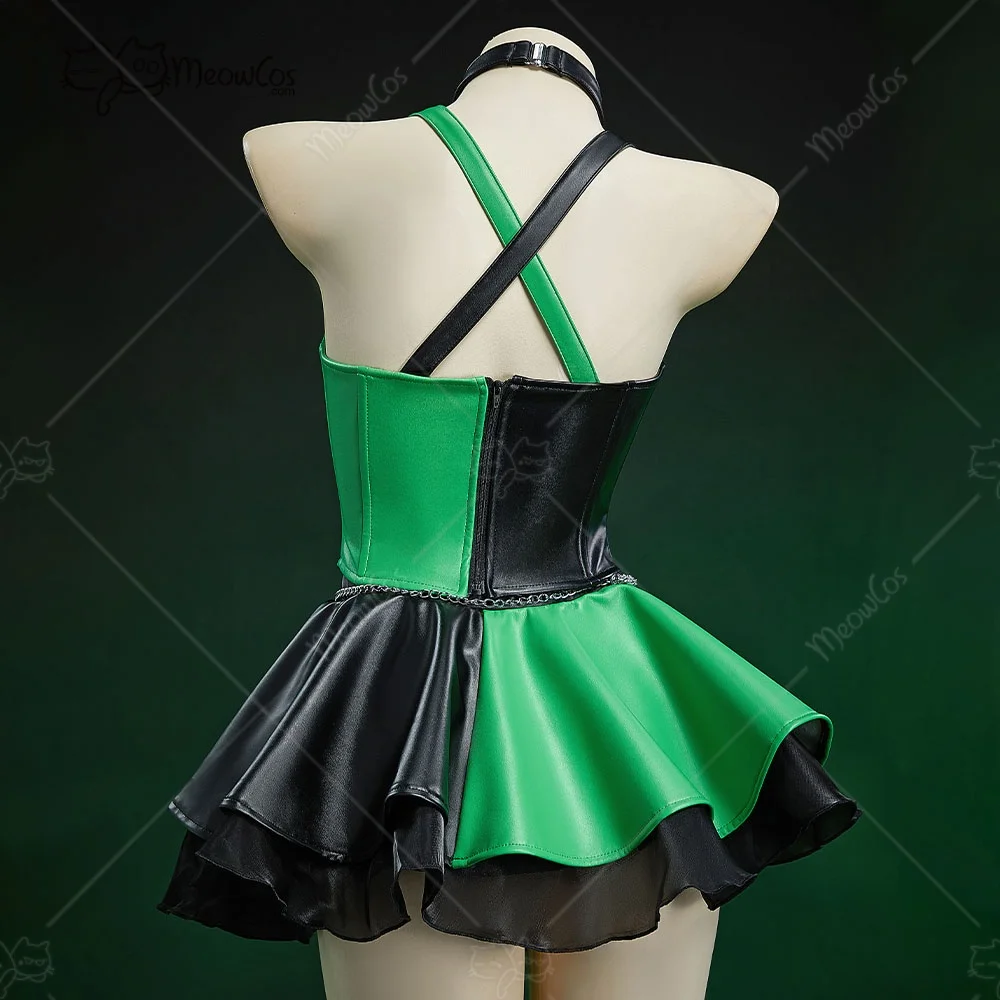 US Stock Meowcos Women Gothic Black Green Symmetrical Colorblocked Corset Skirt Set Top and Skirt with Waist Chain Halloween view 3