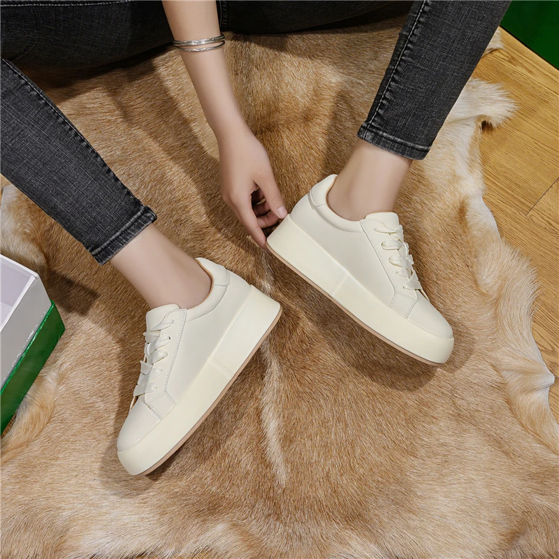 FEDONAS Fashion New Women Genuine Leather Sneakers Wedges High Heels Casual Shoes Cross-tied Round Toe Sport Shoes Woman