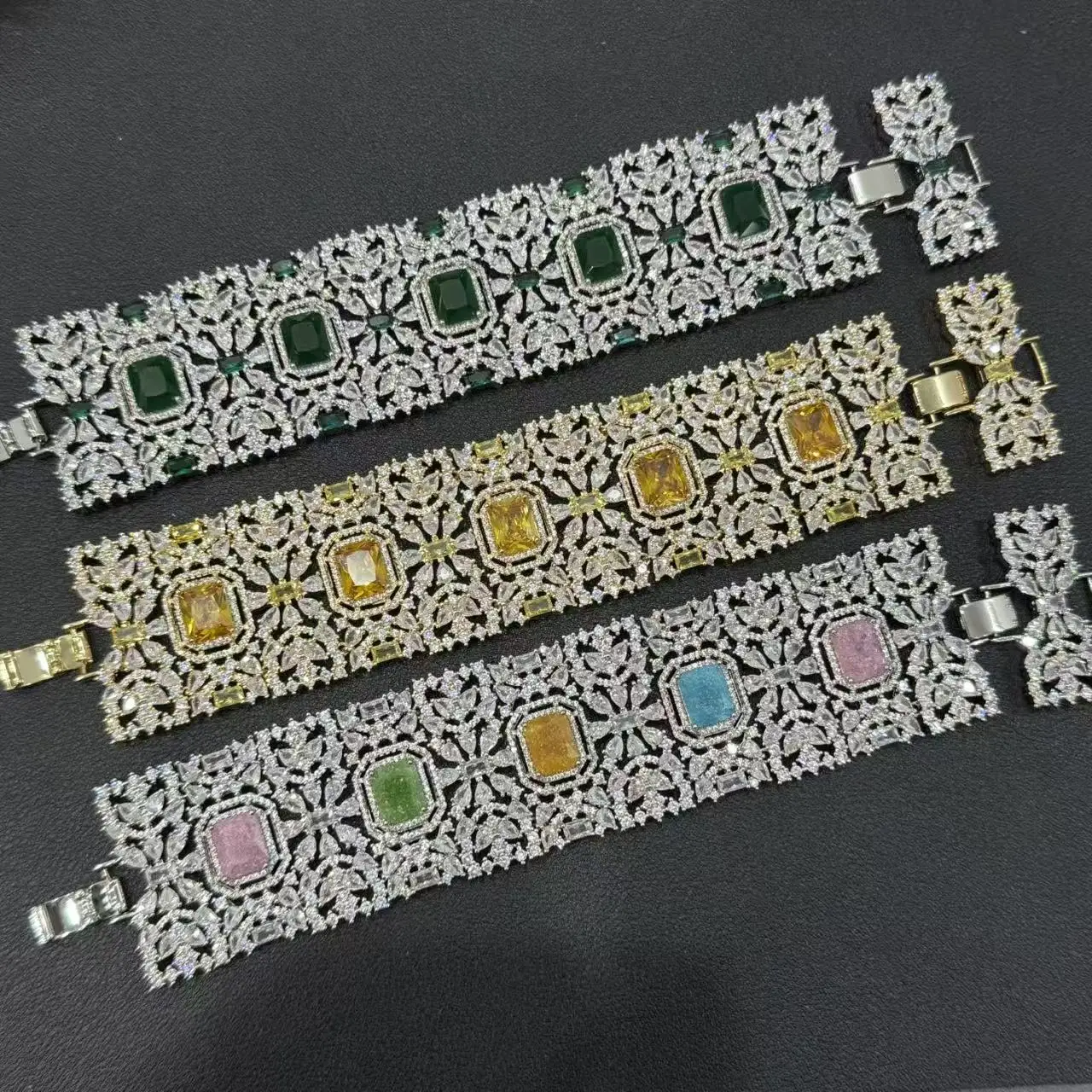 gorgeous cubic zirconia large bracelet for women wedding party gala event shiny jewelry silver gold color green yellow white