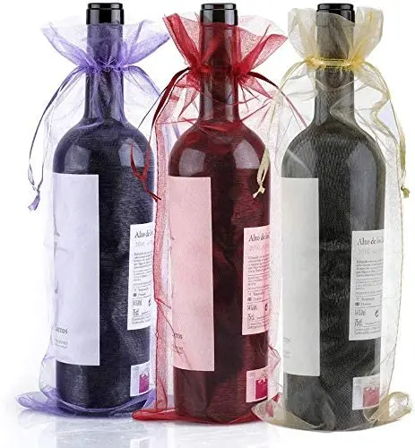 Pack of 30 Colourful Organza Wine Bags Wine Bottle Gift Bag with Drawstring for Wine Champagne Wedding Christmas Party