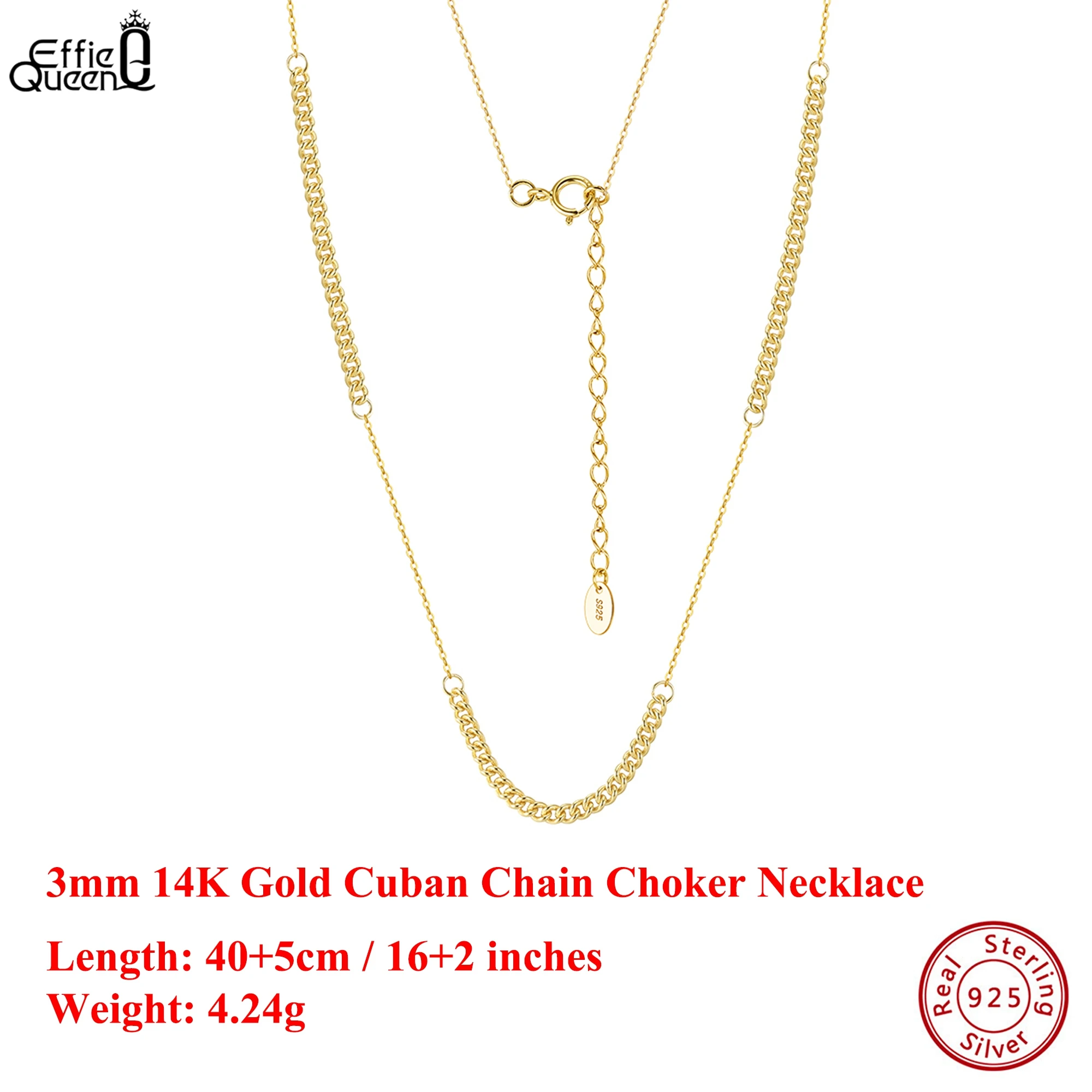 

Effie Queen 100% S925 Серебро 14 К Золото 3 мм Кубинская Цепочка-колье Ожерелье Простые украшения для женщин, Мужское колье Банкетный подарок GAN12