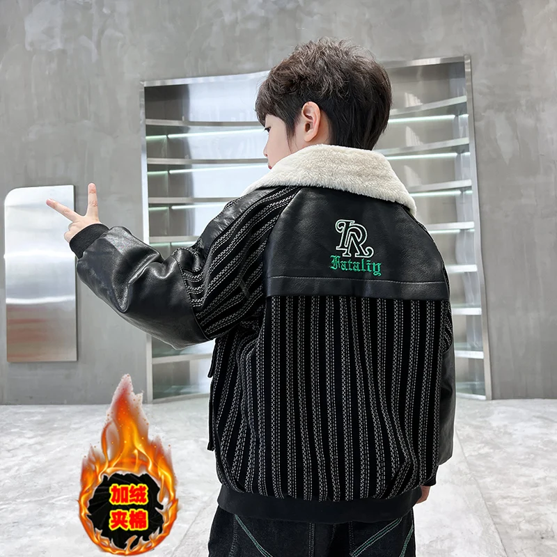 سترة خريف وشتاء وسيم للأطفال مع معطف جلد دافئ سميك عالي الجودة؛ 4-15 سنة #5