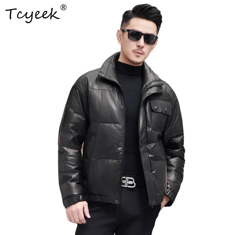 

Tcyeek Натуральная коровья кожа Белый утиный пух Осень Зима Черная короткая мужская куртка из натуральной кожи Jaqueta De Couro Masculina 가죽자켓