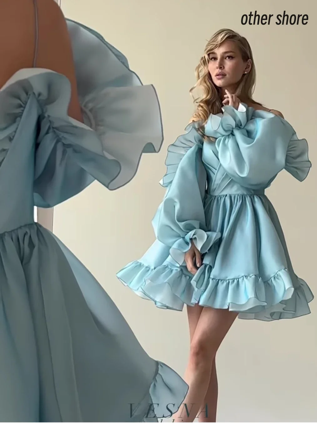 Autre Shore-Robe trapèze bleue à volants pour occasions formelles, col bateau, court, élégant, vintage, doux, personnalisé, Rh, soirée, quoi que ce soit