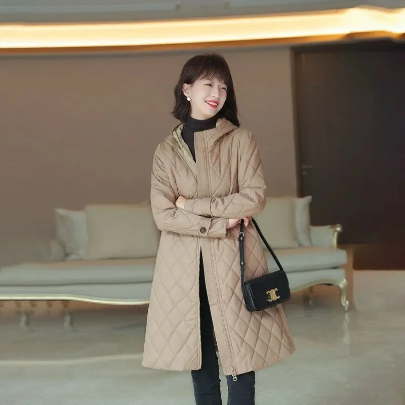 Abrigo elegante a cuadros con capucha para mujer, Parka larga, versátil, delgada, de algodón, Color sólido, a la moda, Otoño e Invierno