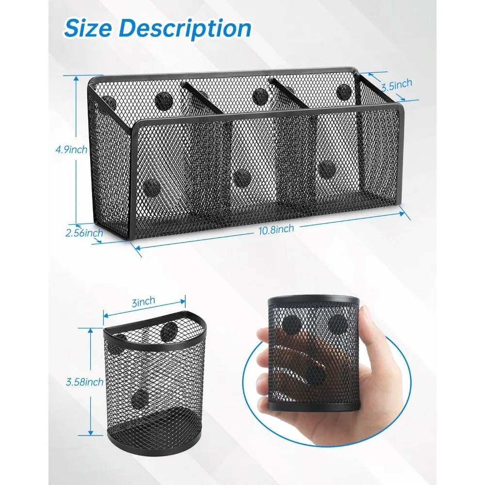 magnetic pencil holder - metal pen holder with strong magnets - storage basket organizer for whiteboard, refrigerator, locker a