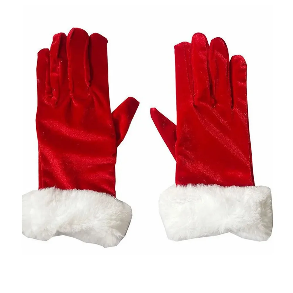 Thickened Christmas Gloves Warm White Fur Trim Full Finger Gloves Comfortable To Wear Soft Santa Claus Gloves Winter