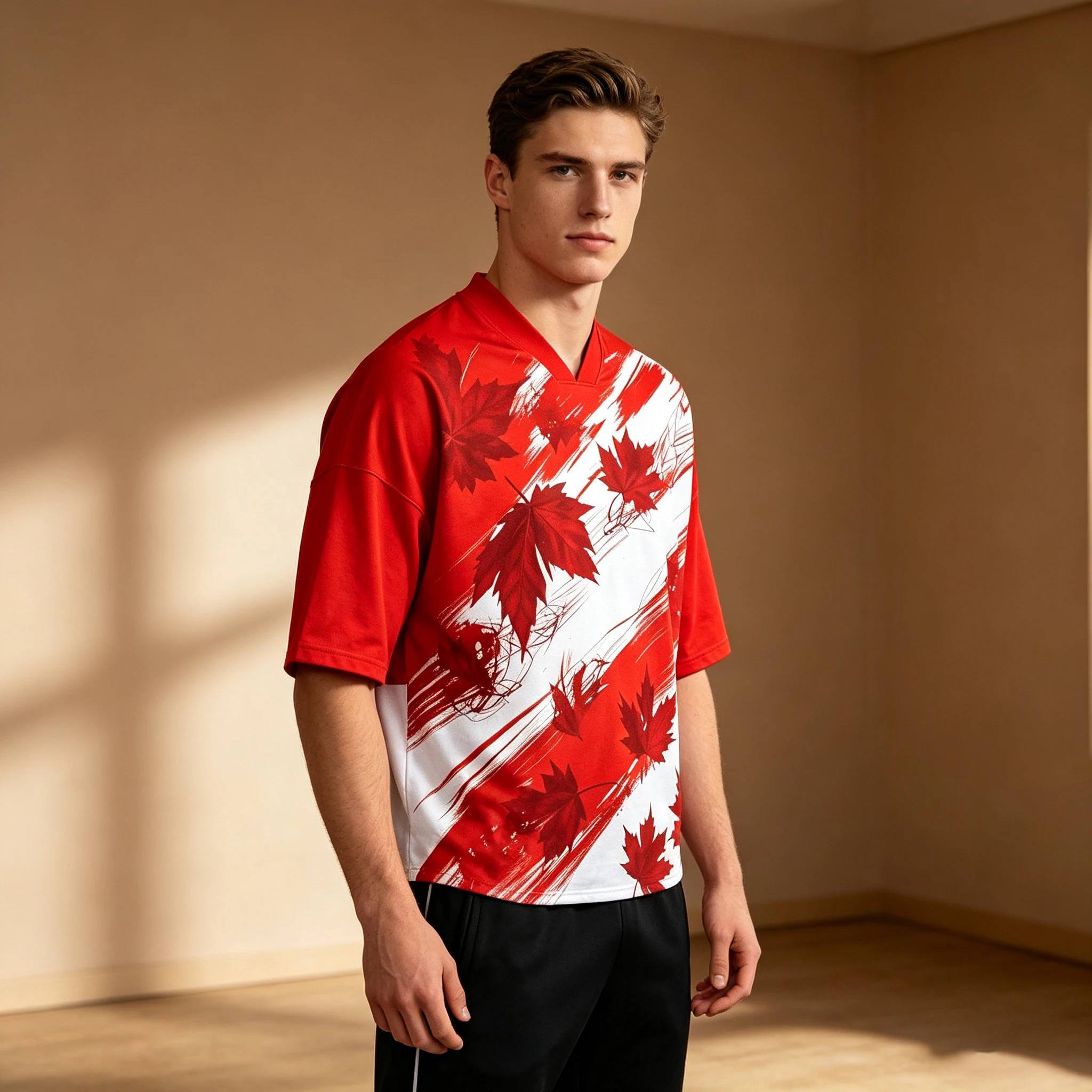 Men's Summer New Fashionable Red Dynamic Maple Leaf and Scattered Line Pattern Printed Short Sleeve Suitable for Daily Wearing