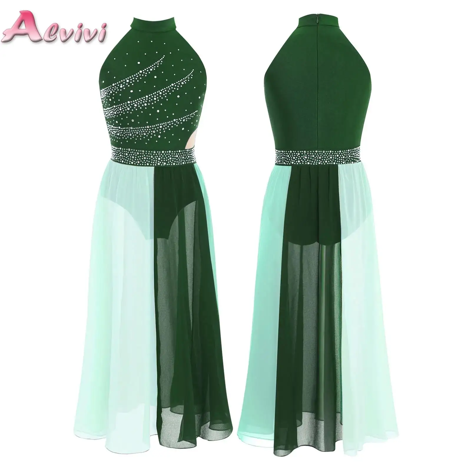 

Kids Girls Lyrical Modern Dance Dress Rhinestones Side Split Chiffon Ballet Gymnastics Figure Skating Leotard Dress Dancewear