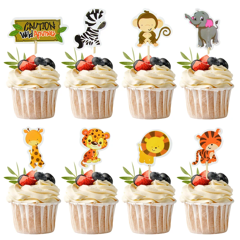 Safari Animals Cake Toppers Forest Fox Lion Zebra Cupcake Toppers For Kids Wold One Jungle 1st Birthday Party Cake Decor Tools