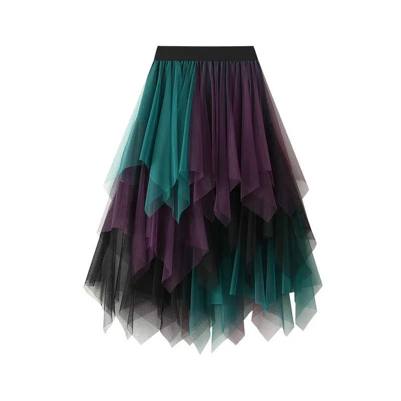 Women's Lotus Leaf Edge A Line Fairy Elastic Waist Tulle Skirt Midi High Waist Mesh Dress Solid Color Irregular Yarn Skirt 8063
