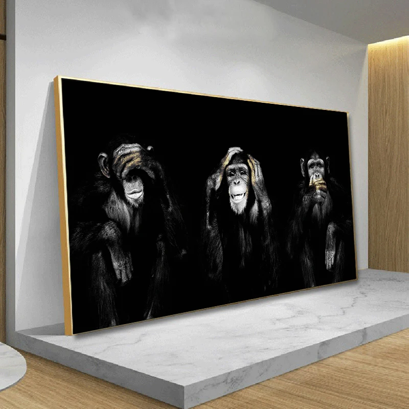 Big Size Wall Poster Canvas Painting Animal Wall Art Picture Dark 3 Funny Monkey Poster and Print for Living Room Home Decor