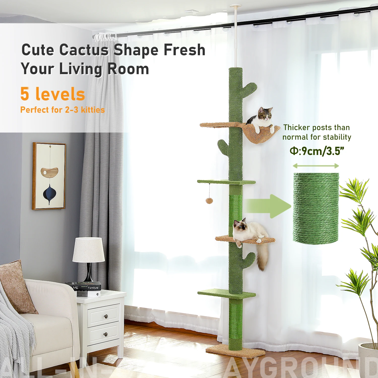 

Cactus Floor to Ceiling Cat Tower with Adjustable Height(95-108 Inches) 5 Level Cat Climbing Tower with Cozy Hammock Platforms