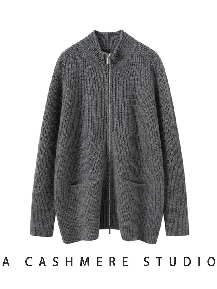 

TLOML New Chic Women's 100% Cashmere Sweater Double Zipper Cardigan Mock Neck Sweater Coat Autumn Winter Soft Thick Loose Tops