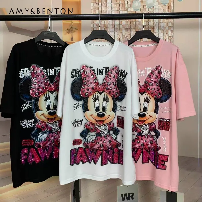 

Summer Exquisite Sweet Heavy Craft Full Rhinestone Butterfly Cartoon Tees Y2k Loose Fit Mid-length Short Sleeved T-shirt Women
