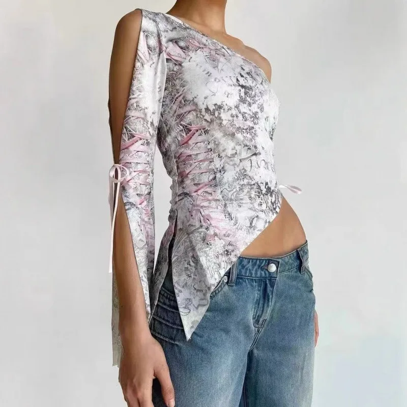 

Sexy Lace Svel Top Asymmetrical oulder Bared Floral Printing Long Bell Sve Women's Faion Nylon Polyester Fiber