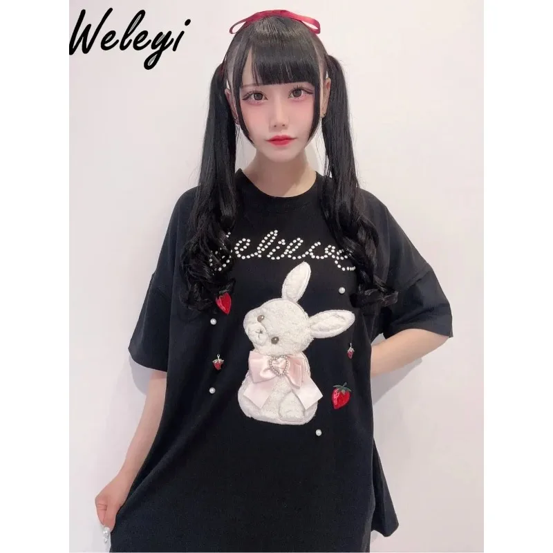 

Japanese Sweet T-shirt Top Woman Summer Cute Rabbit Strawberry Embroidery Beads Letter Short Sleeve Loose Mid Length Cotton Tops