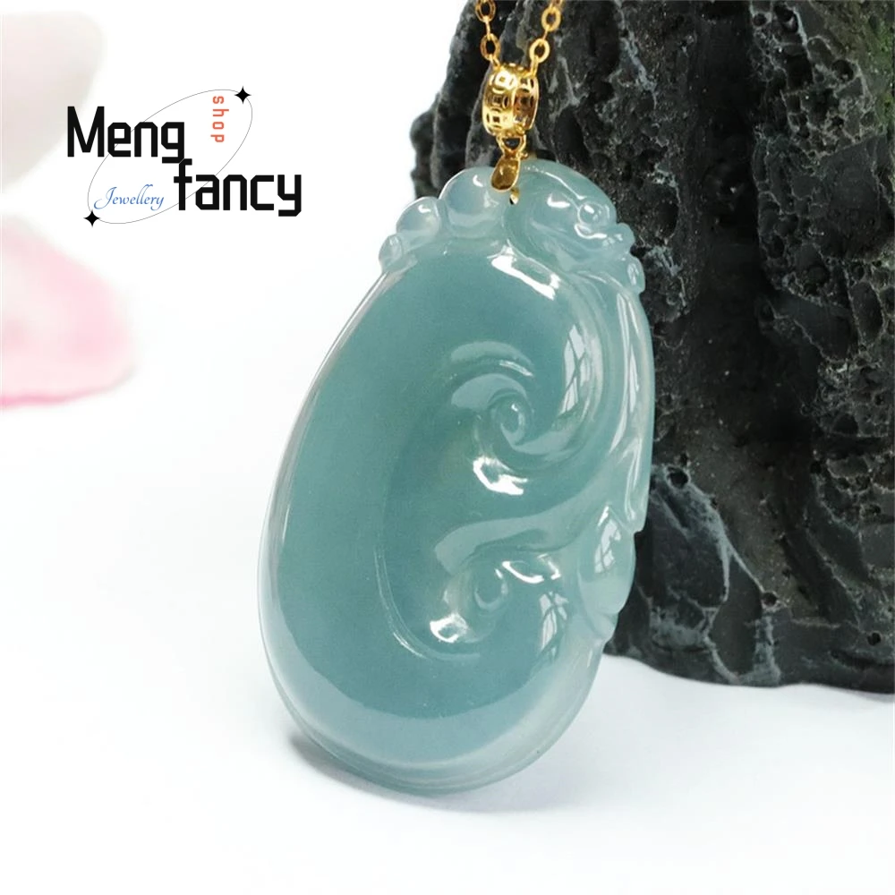 18K Gold Buttoned Head Natural Jadeite Exquisite Elegant Simple High-grade Pendant Blue Water Ruyi Jade Luxury Fashion Jewelry
