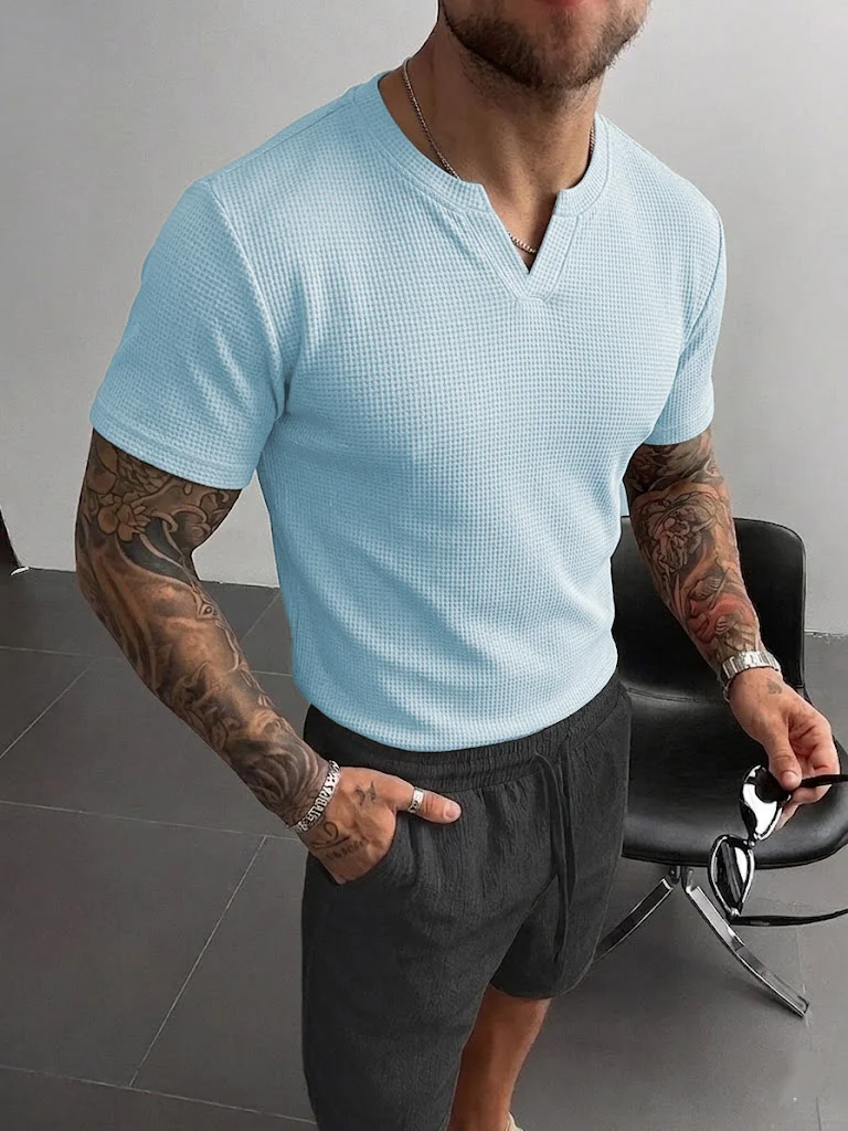 Kaos Henley Waffle Biru Muda P - Summer Light Clothing ulasan dan harga