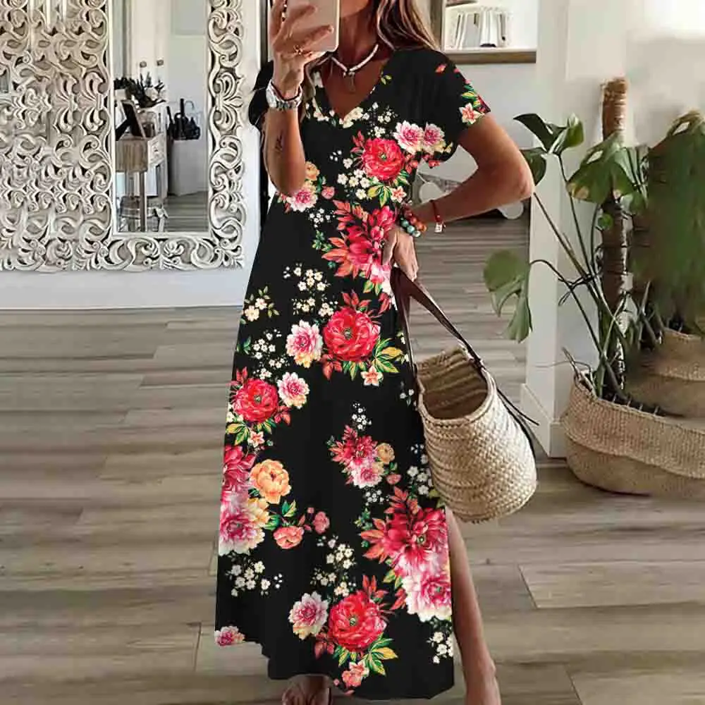 

Color Clash Flowers Women's V-Neck Dresses Black Print Loose Holiday Clothing Summer Short Sleeves Slit Dress Fashion Streetwear