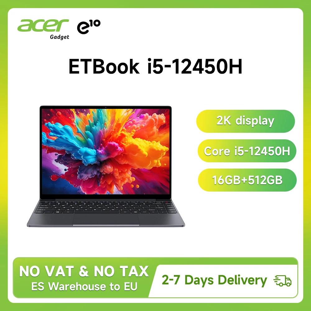 Portátil Acer Gadget e10 ETBook con Windows 11, Intel Core i5-12450H, 16GB de RAM, 512GB SSD, Pantalla de 14 Pulgadas con Resolución 2160X1440, WiFi6, Ideal para Oficina y Estudio