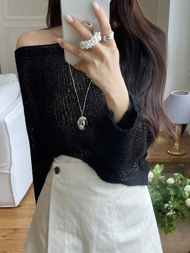 

Korean Sle Gentle Retro Hollow out Lightweight Women's Knitted Top Faionable Versatile oulder Bared Sun Protection Laye...