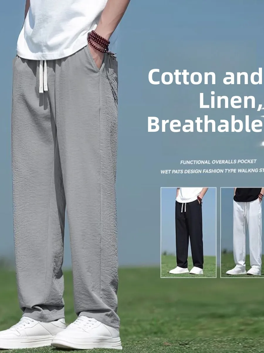 

Men's Casual Straight Leg Linen Cotton Blend Summer Pants Thin Trendy Loose Fit Nine Points Trousers Comfortable Breathable
