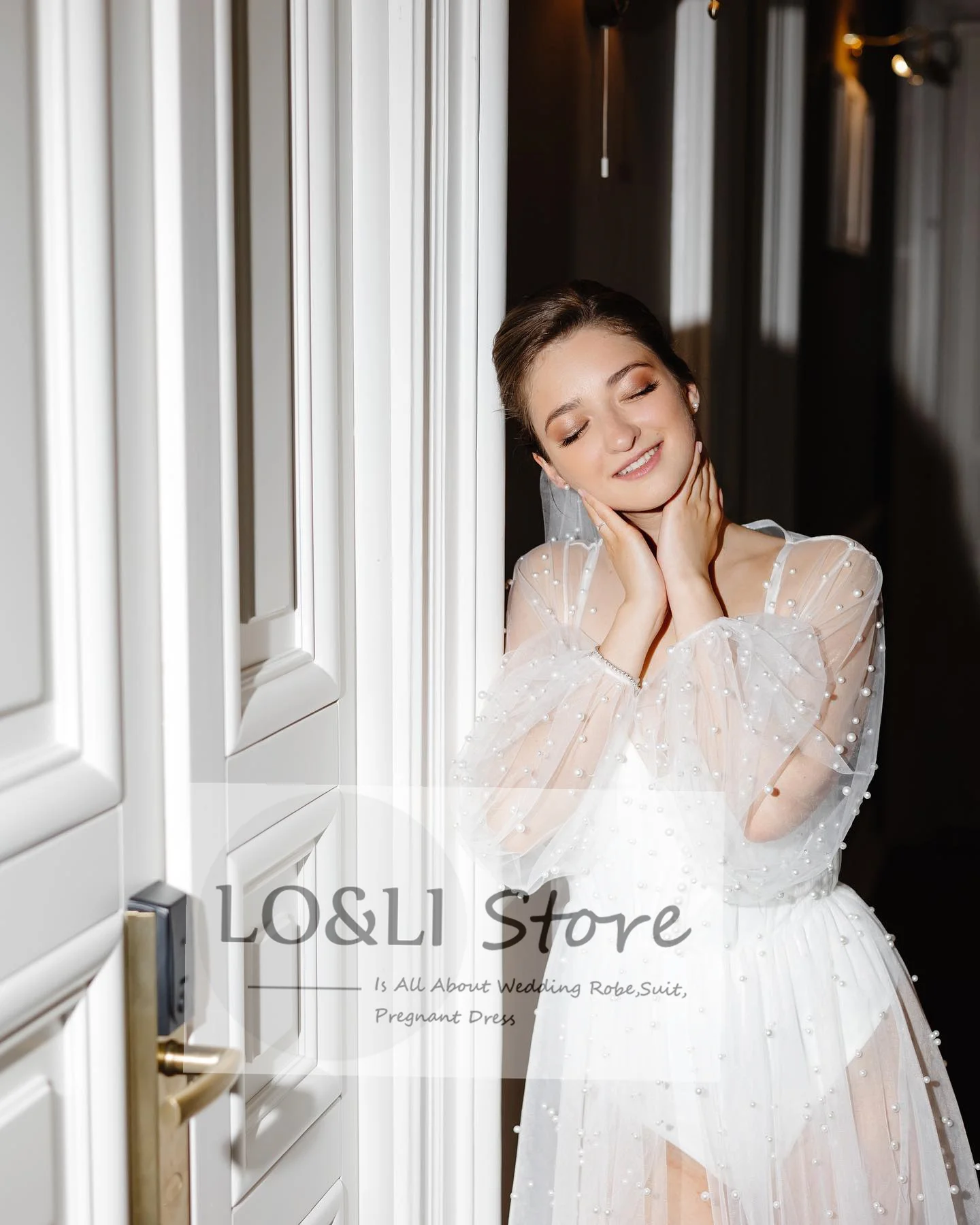 Pearl Robe For Women Long Sleeve Wedding Morning Robe Party Shawl Floor-Length Bridal Cape Sexy pearl robe Lantern Sleeve