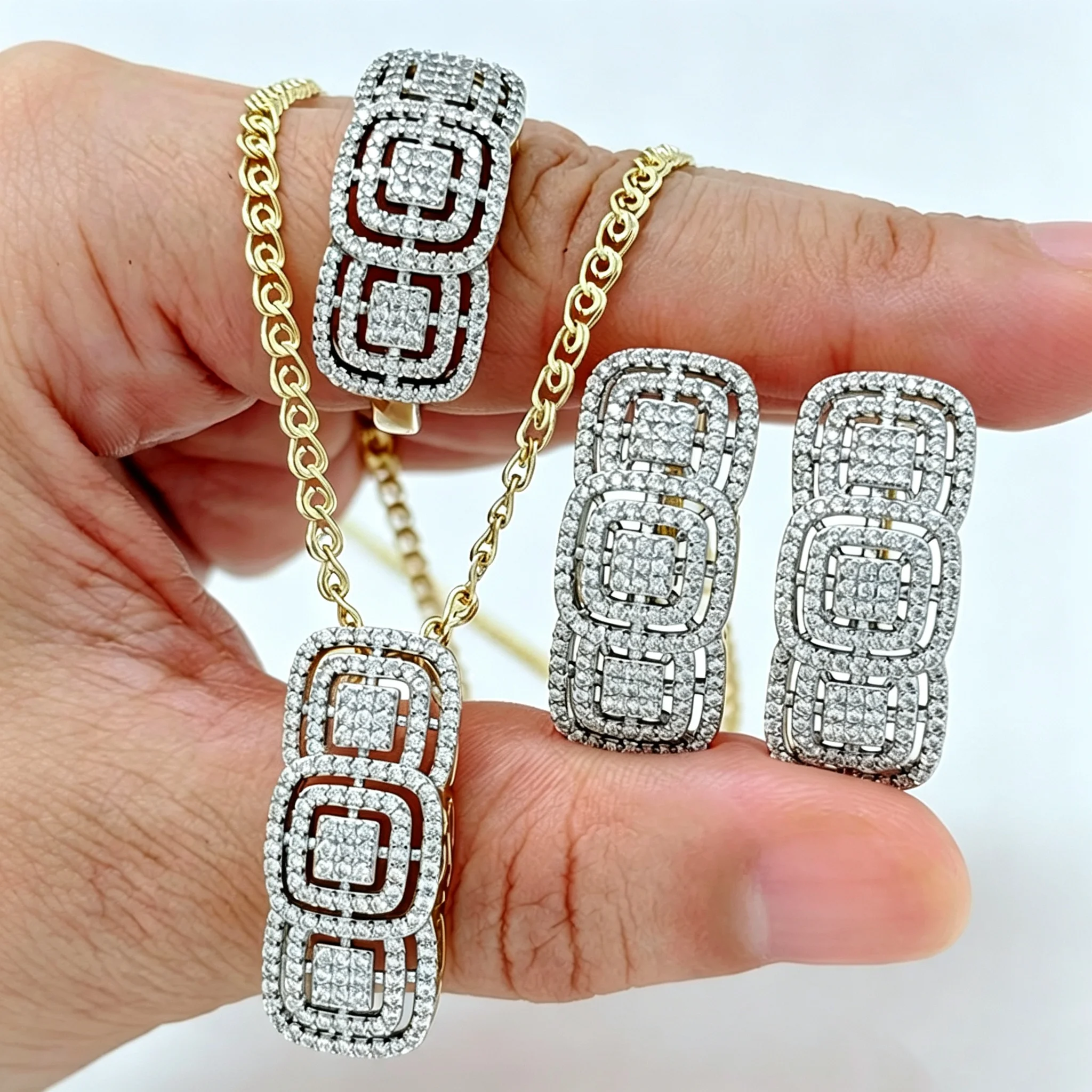

Kinel Shiny Long Rhombus Blue Natural Zircon Ring Earrings Necklace for Women Fashion 585 Rose Gold Color Wedding Jewelry Sets