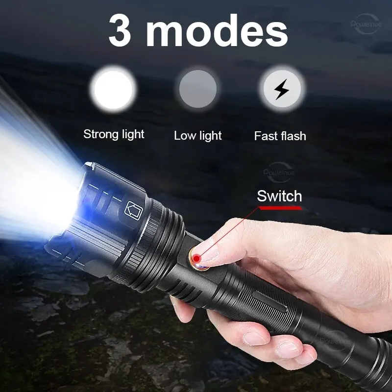 12000MAh High Power LED Flashlight 2000M Ultra Powerful Flashlight Type-C Rechargable LED Torch Zoom Waterproof Tactical Lantern