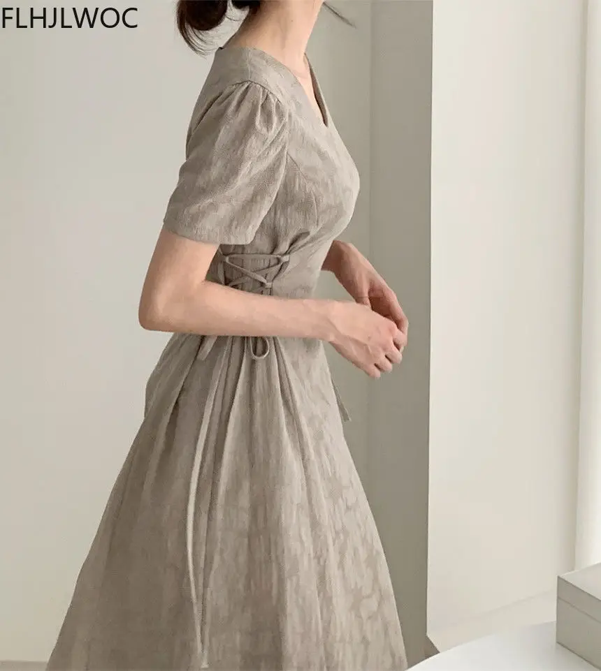 Cotton Linen Long Dress Summer Slim Waist A Line Temperament Lady Retro Vintage Cute Korean Chic Women Dresses Vestidos