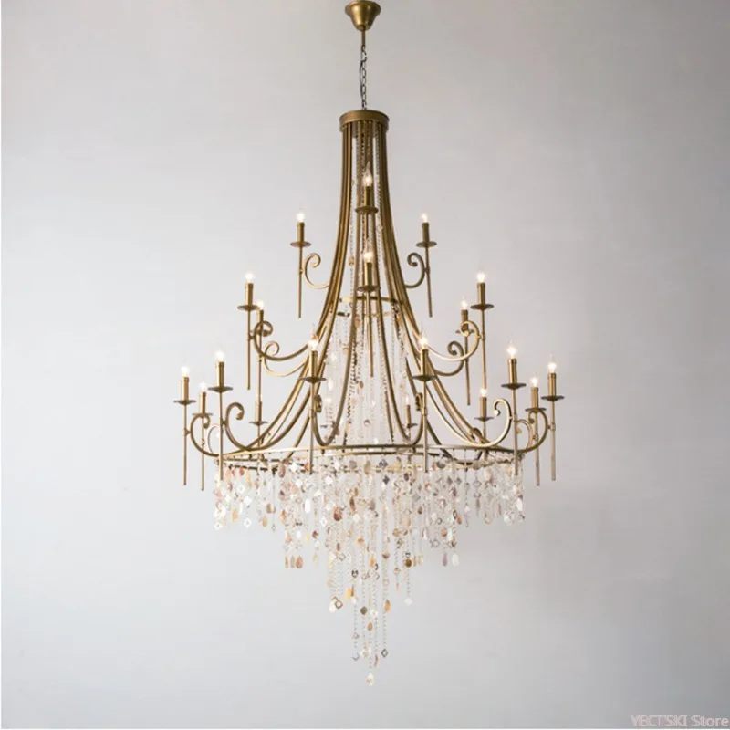 

American duplex floor crystal chandelier retro French villa living room stairs three-story long chandelier living room lamp