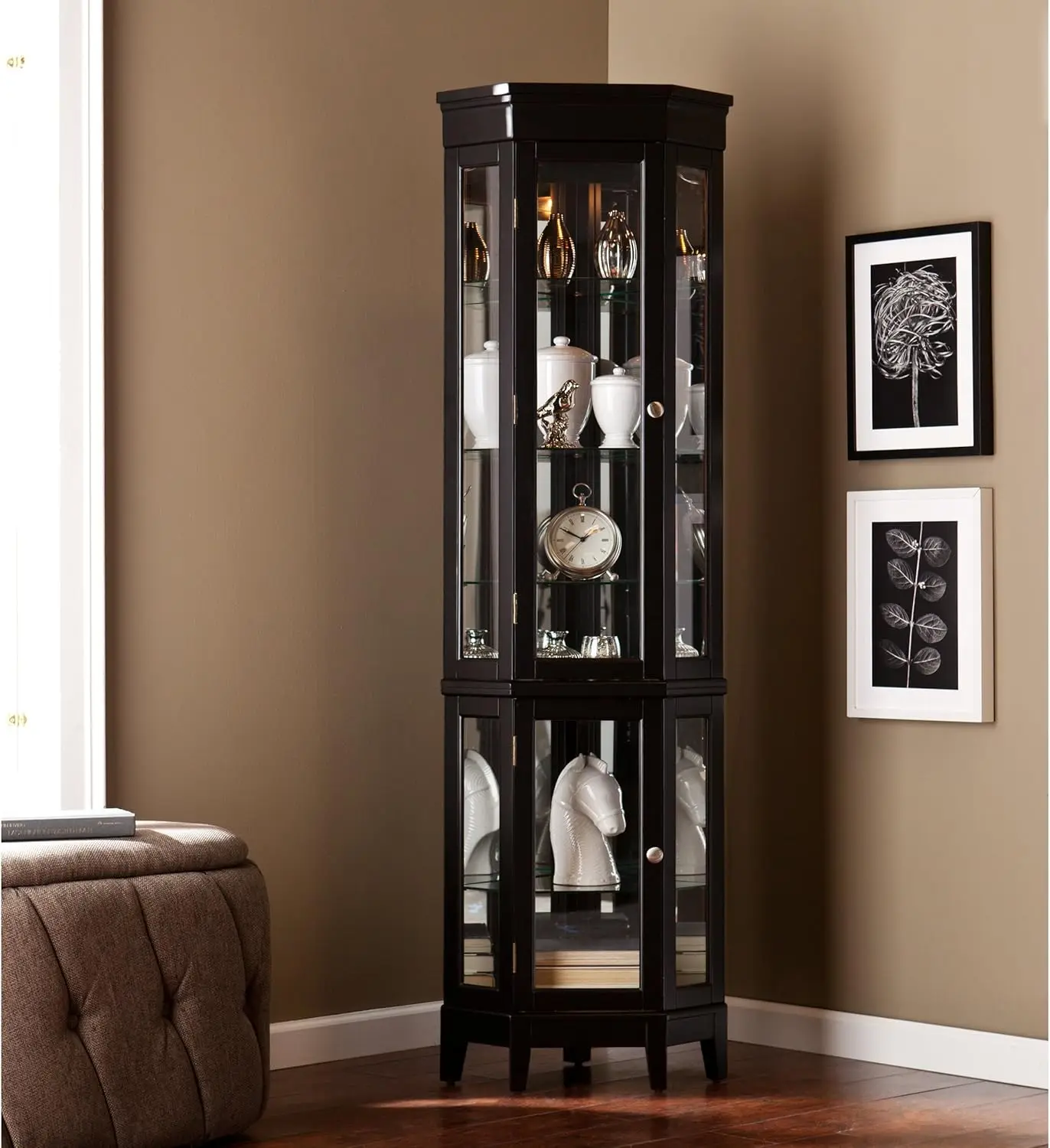 2-Tier Corner Adjustable Glass Shelves Curio Cabinet, Black