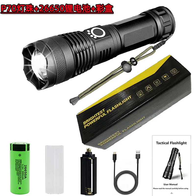 The most powerful LED tactical lamp USB charging flashlight, ultra-high power core torch zoom long lens camping flashlight