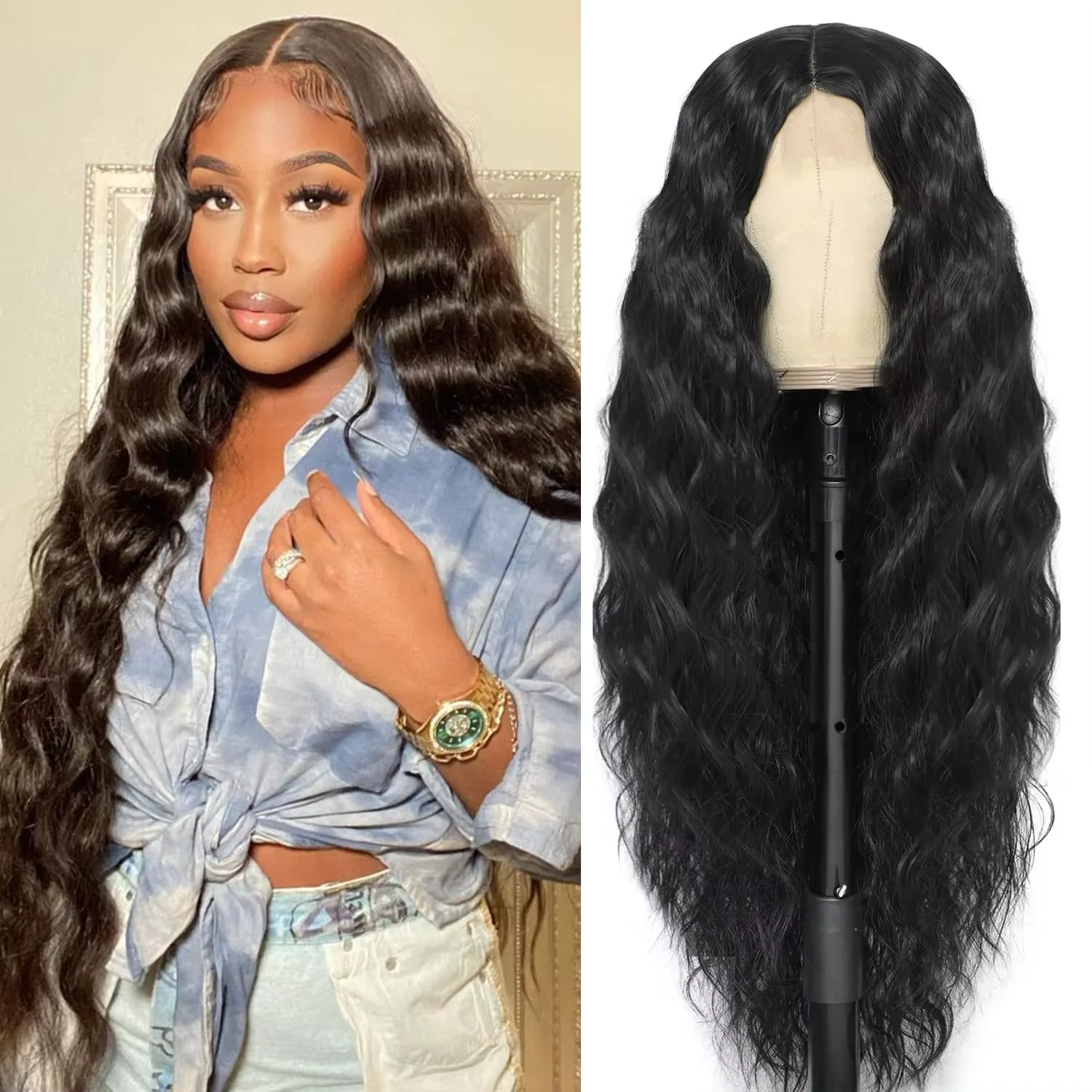 

Long Synthetic Curly Wig Deep Wave Black Wig for Women 30 Inches Long Black Wave Wig Middle Part Fake Scalp Lace Wigs Natural