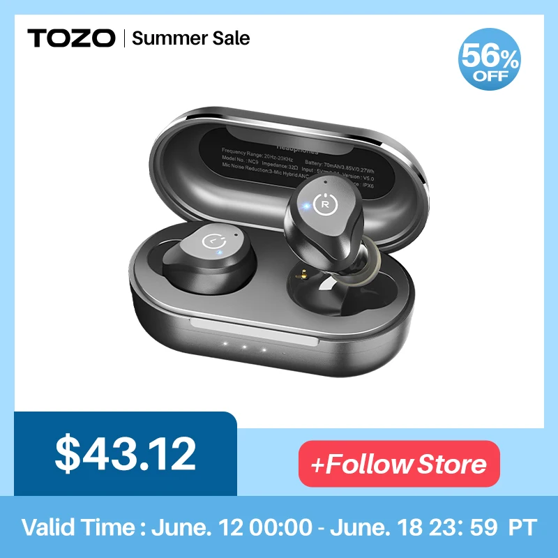 Беспроводные наушники TOZO NC9, Bluetooth наушники с глубокими басами, диаметром 9,2 мм, водонепроницаемость IPX6, черная гарнитура, 32 часа Беспроводные наушники TOZO NC9, Bluetooth наушники с глубокими басами, диаметром 9,2 мм, водонепроницаемость IPX6, черная гарнитура, 32 часа