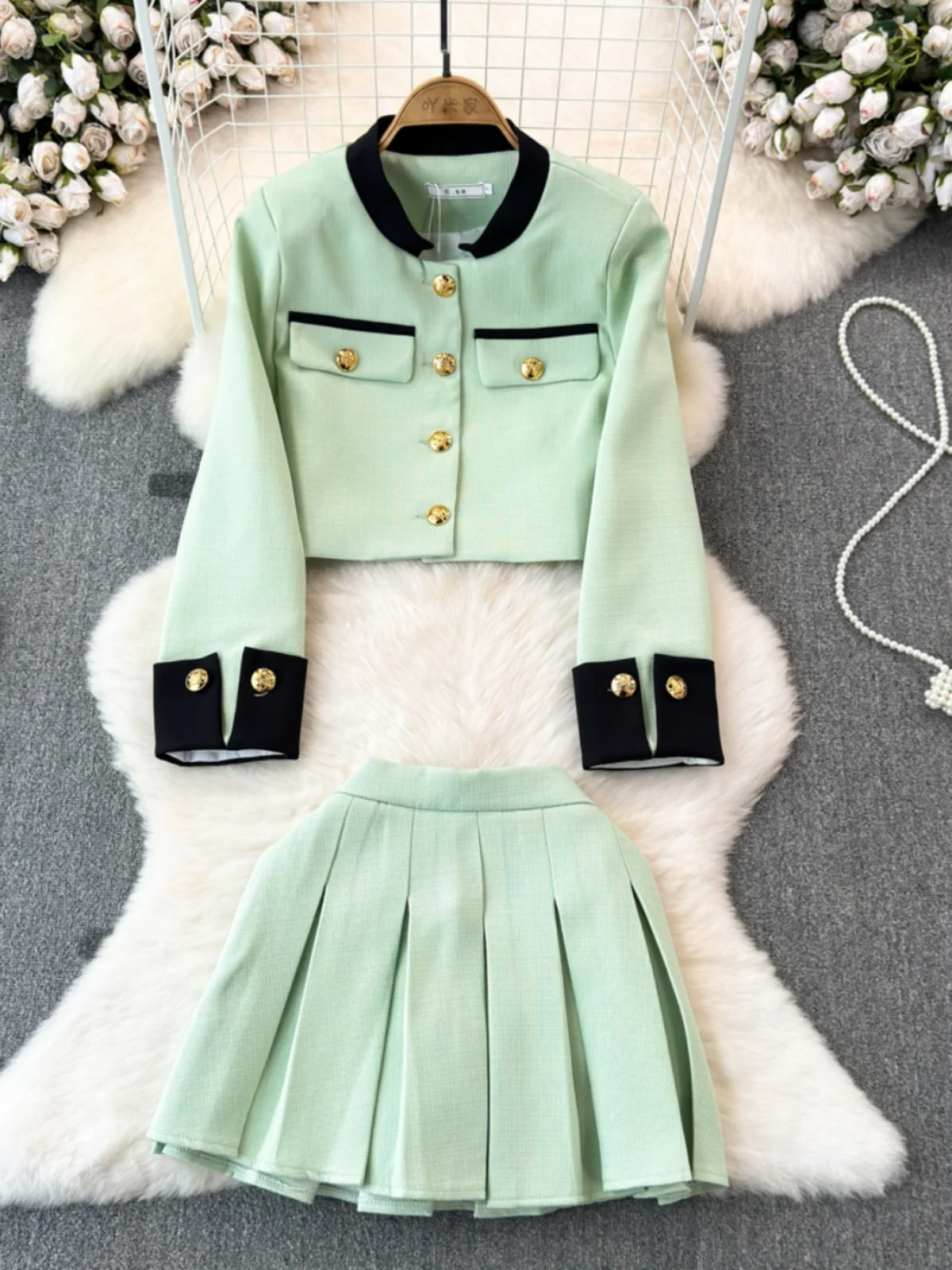 

Faionable Tweed Set Women's High Waist Pleated Skirt And Long Sve Stand Collar Coat Two Piece Ensemble Slimming Effect