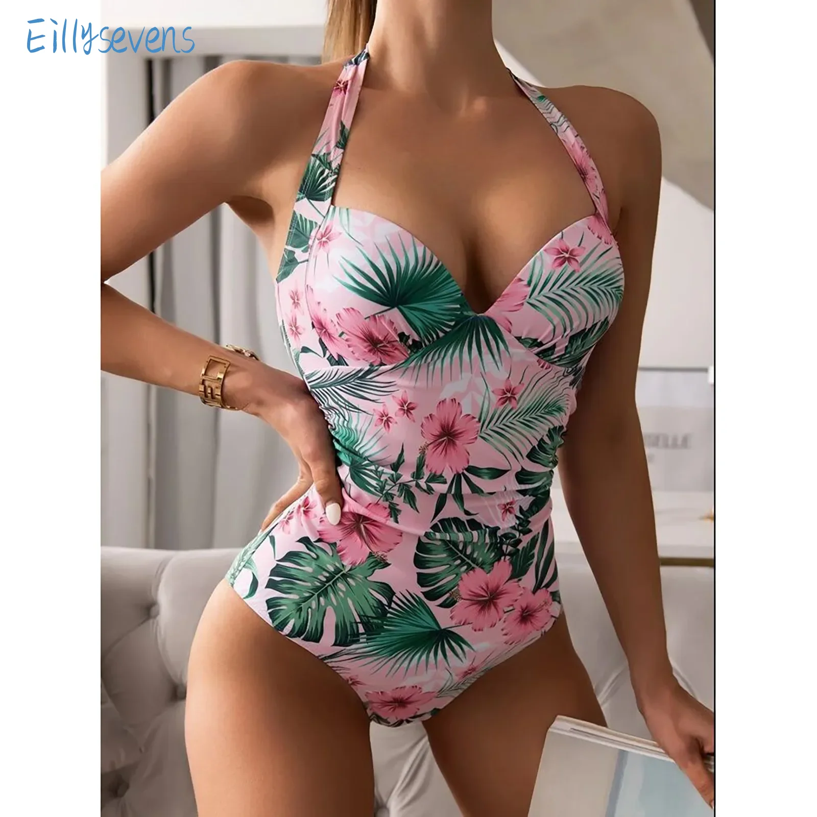 Women\'S One-Piece Bikini Fashion Color Flowers Print Bikini Sexy Halterneck Tie High Waist Folds Beach Swimsuit With Chest Pad