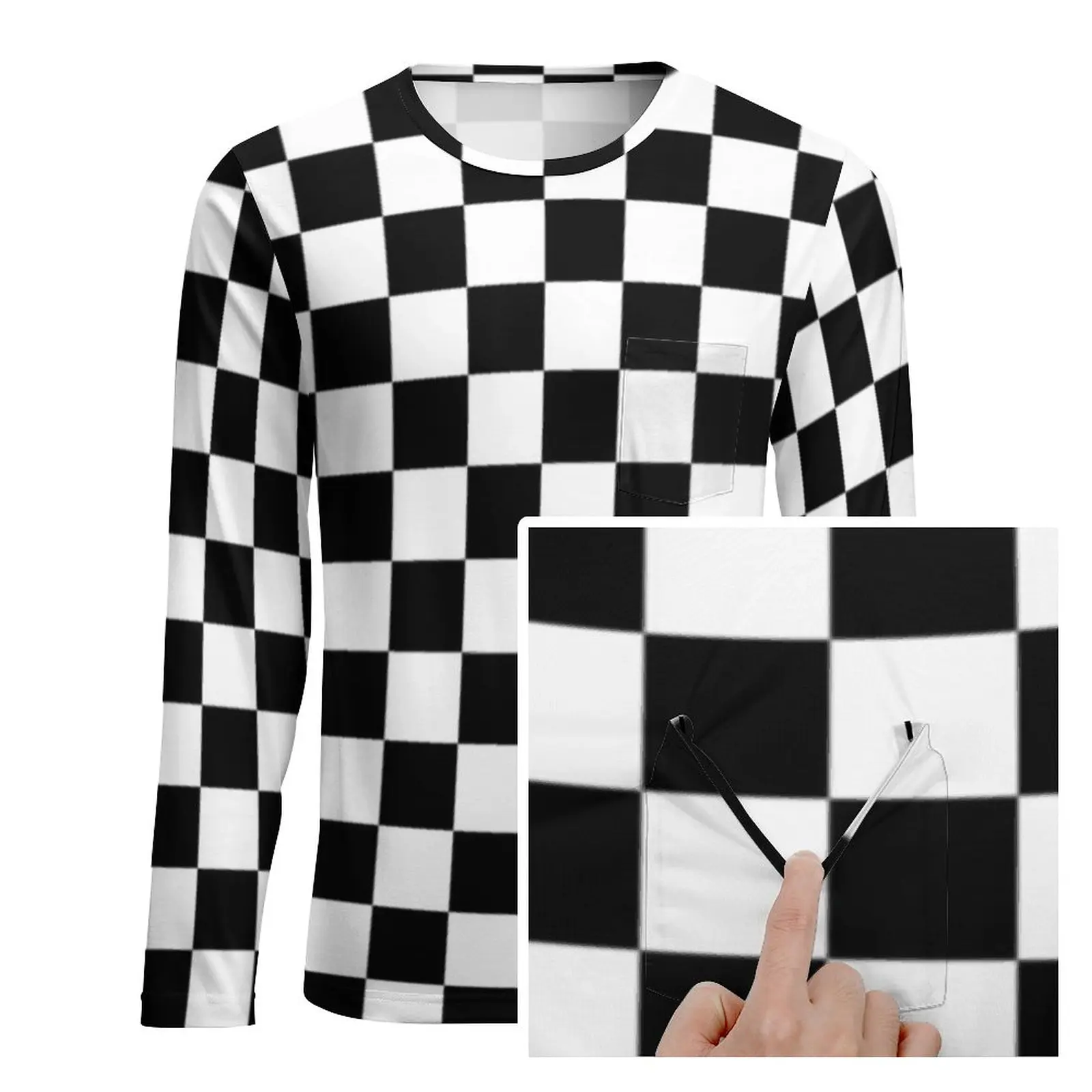 Black Checkerboard T-Shirt Spring Classic Black and White Checker Streetwear T-Shirts Man Trendy Pattern Tshirt Large Size 5XL