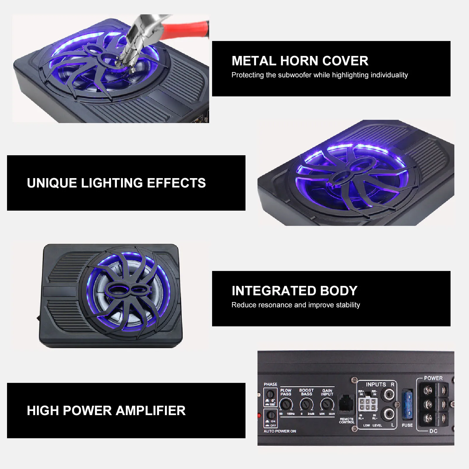 Slim Underseat Powered Car Subwoofer 10in 800W with LED Atmosphere Light Excellent Heat Dissipation Performance Car Subwoofer