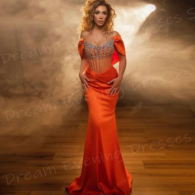 Modern Orange Mermaid Pretty Women's Evening Dresses Charming Off The Shoulder Prom Gowns Formal Party Beaded Vestido De Noche