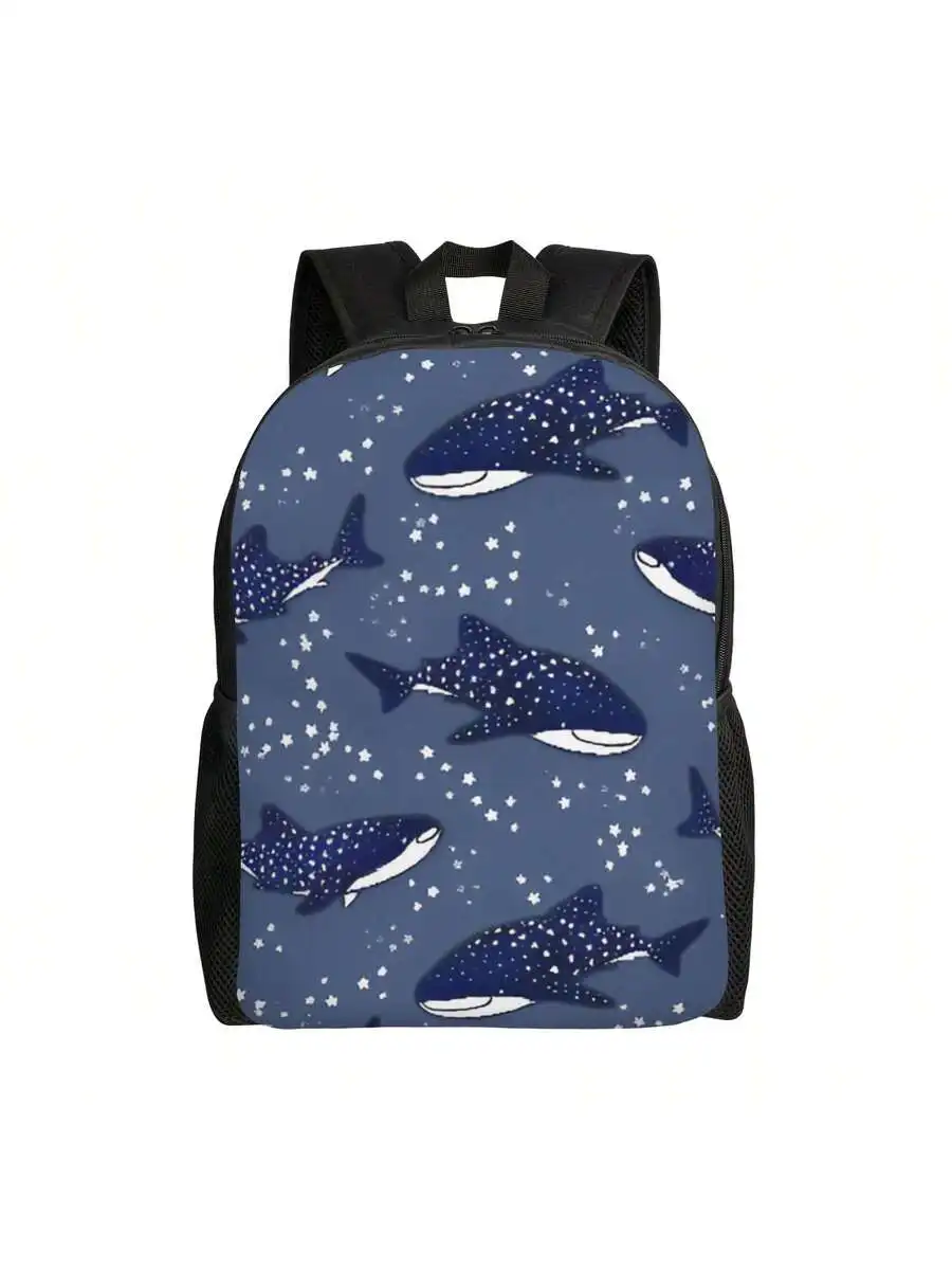 

Blue Whale Shark Print Backpack Unisex Ocean Theme Travel Bag Durable Polyester