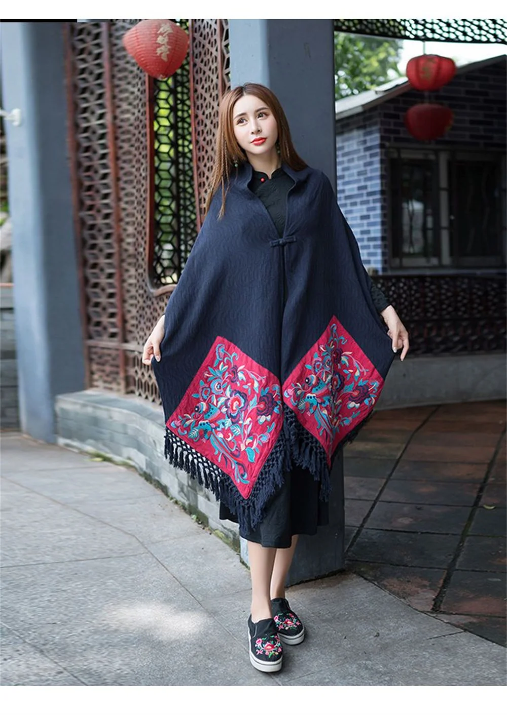 

Chinese Romantic Su Color Embroidery Flower Scarf for Women, New Cotton Shawl, Splicing, National Wind, Autumn and Winter